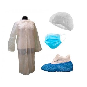 Kit de visita desechable: Bata, calza, gorro y mascarilla. Caja 60 uds