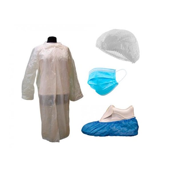 Kit de visita desechable: Bata, calza, gorro y mascarilla. Caja 60 uds