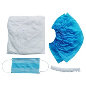 Kit PLUS de visita desechable: Bata, calza, gorro y mascarilla. Caja 100 uds