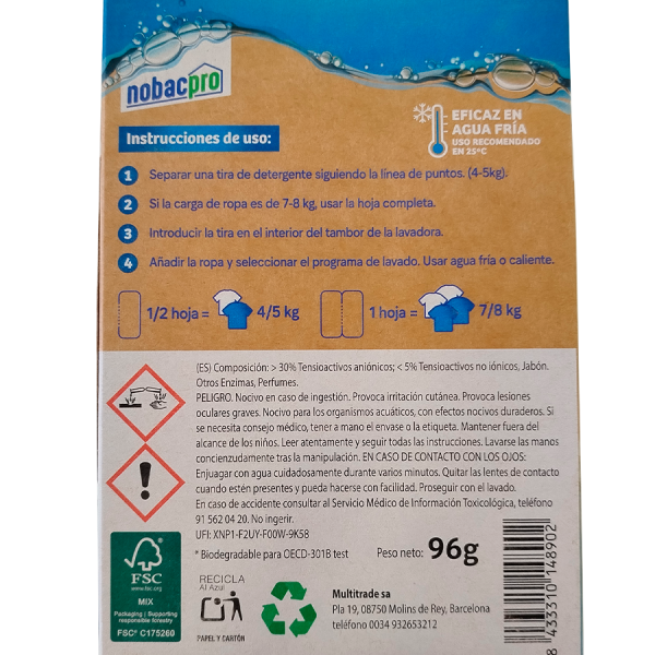 Tiras de detergente para máquinas de lavar roupa. Biológico, concentrado e vegan. 80 lavagens (2 unidades de 40 lavagens)