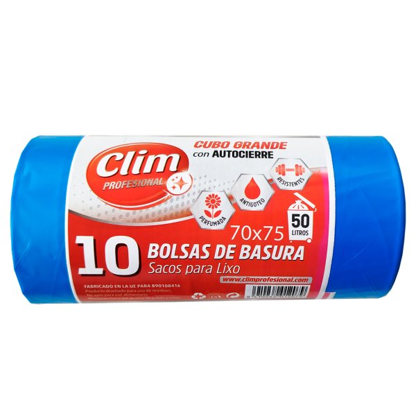 Bolsas de Basura STRONG 50L autocierre y perfumadas Clim Profesional. Rollo 10 uds